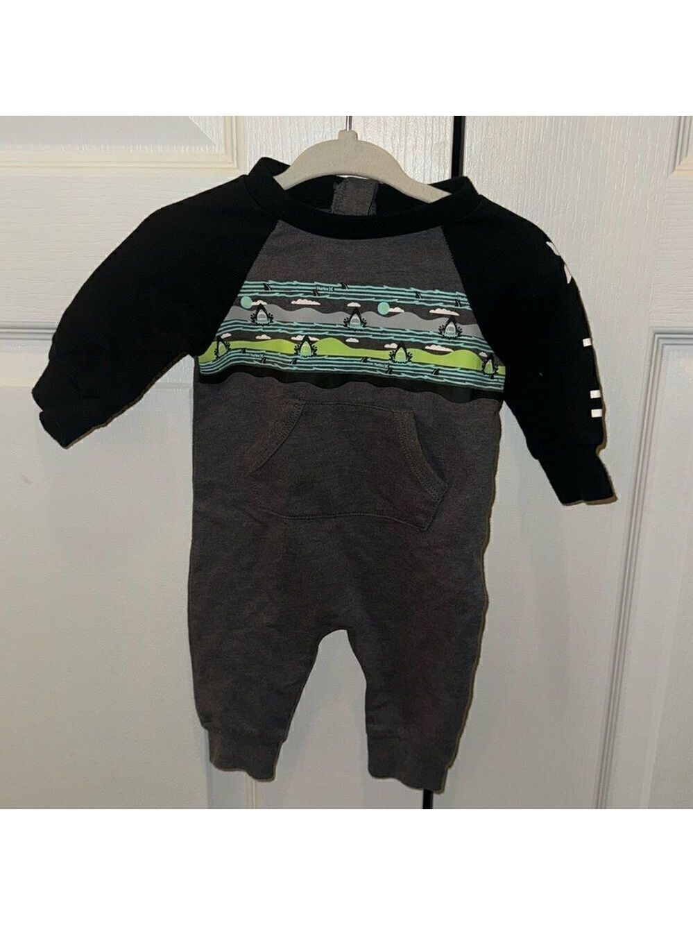 Hurley Grey Black Ribbed Cuffs Long Sleeve Baby Coverall